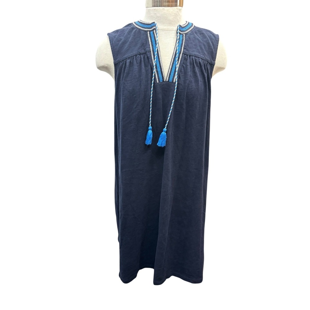Boden Nadine Cotton Jersey Shift Dress Navy Embroidered Tassel Midi 10